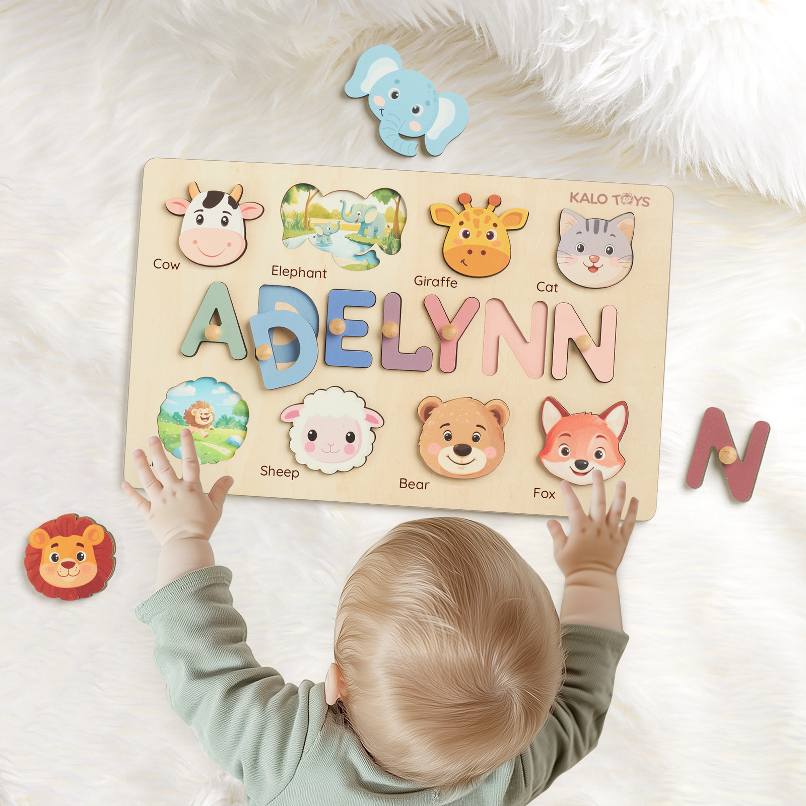 Animal Name Puzzle for Kids, Wooden Toddler Puzzle with Story-Themed Elements, Custom Gifts For 1-3 Year Old, Nursery Decor NP53 - Kindlytoys
