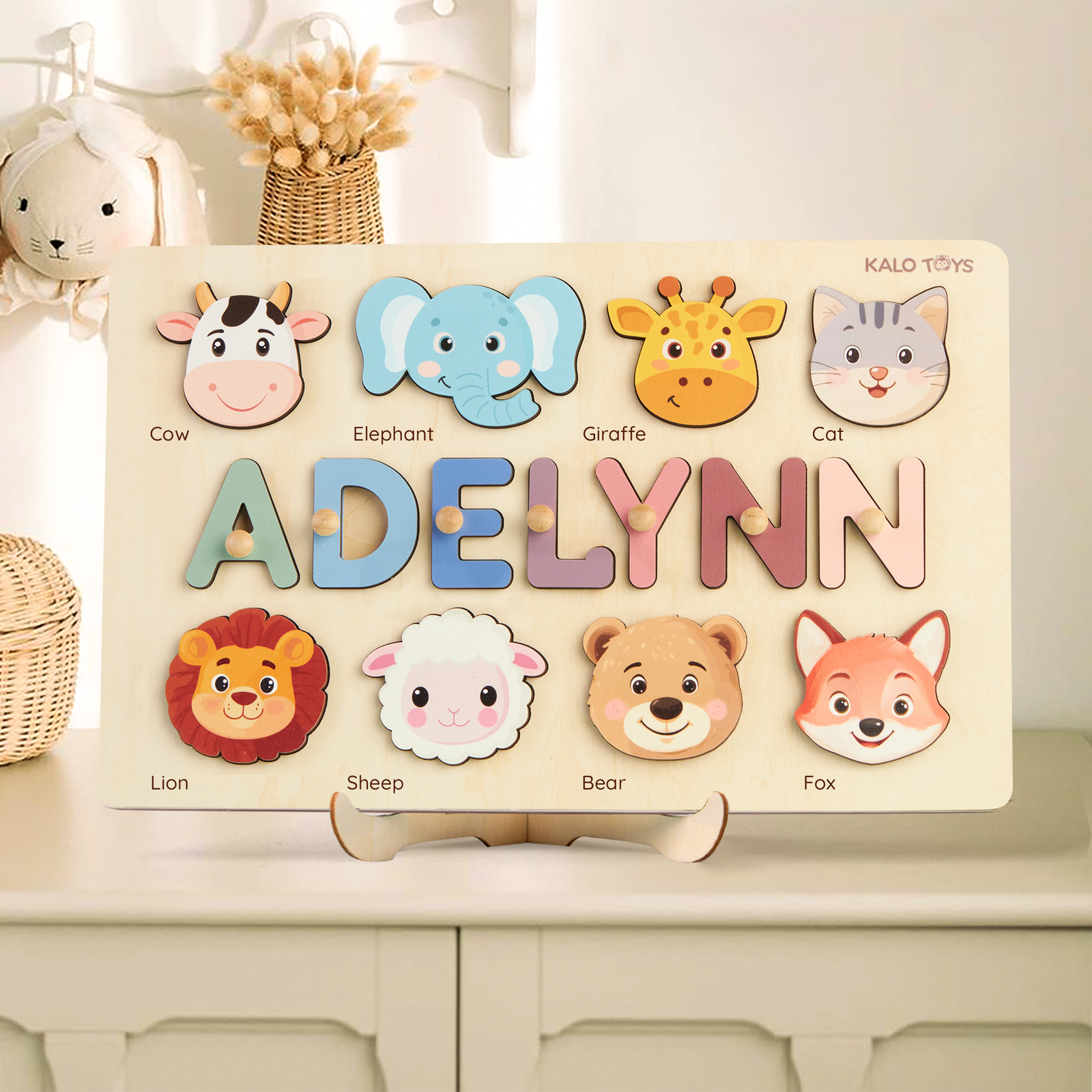 Animal Name Puzzle for Kids, Wooden Toddler Puzzle with Story-Themed Elements, Custom Gifts For 1-3 Year Old, Nursery Decor NP53 - Kindlytoys