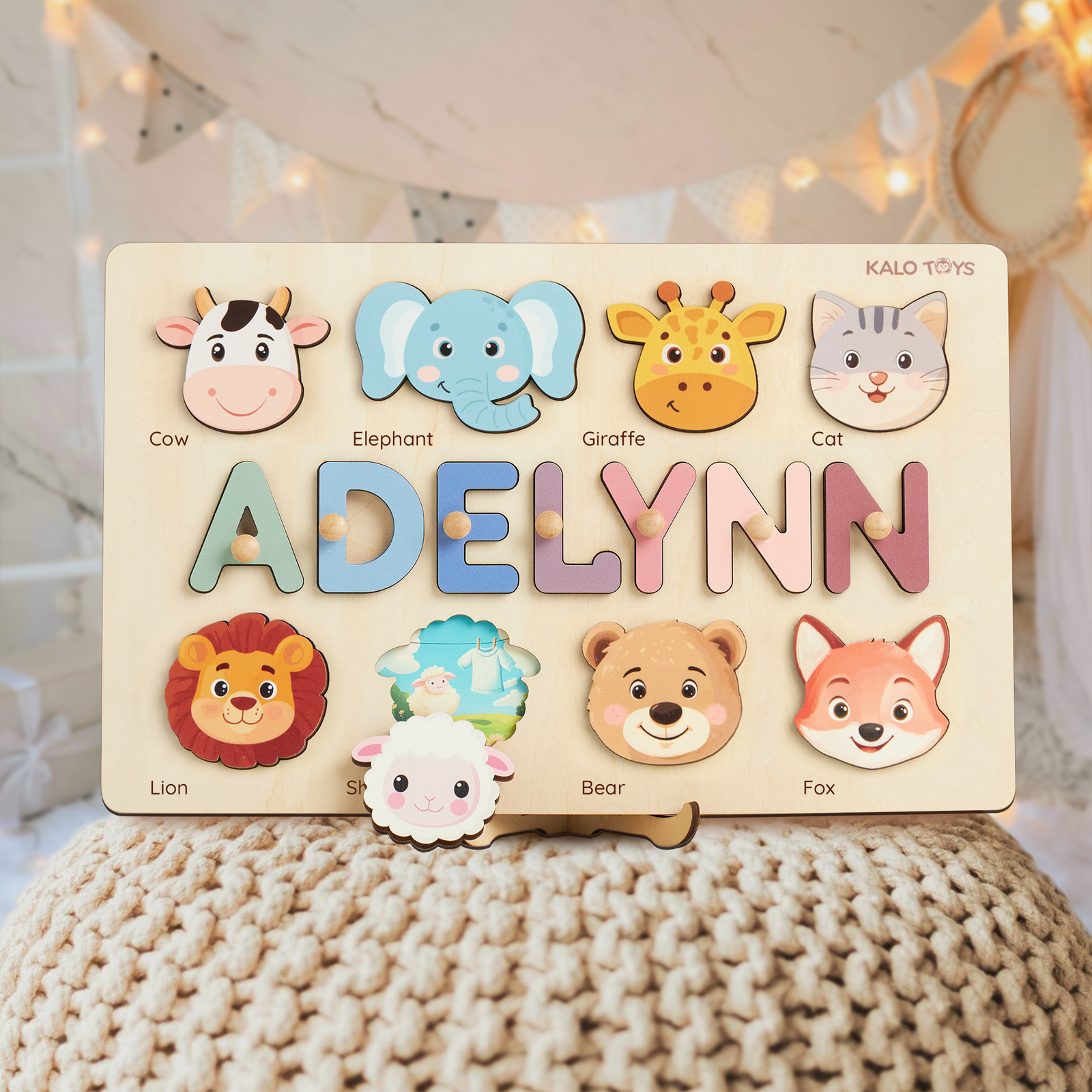 Animal Name Puzzle for Kids, Wooden Toddler Puzzle with Story-Themed Elements, Custom Gifts For 1-3 Year Old, Nursery Decor NP53 - Kindlytoys