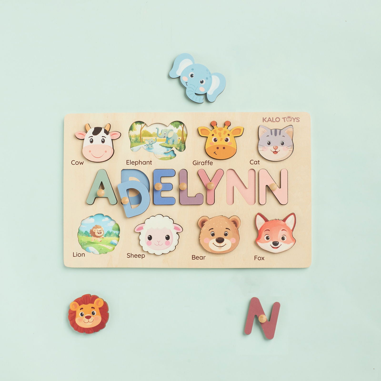 Animal Name Puzzle for Kids, Wooden Toddler Puzzle with Story-Themed Elements, Custom Gifts For 1-3 Year Old, Nursery Decor NP53 - Kindlytoys