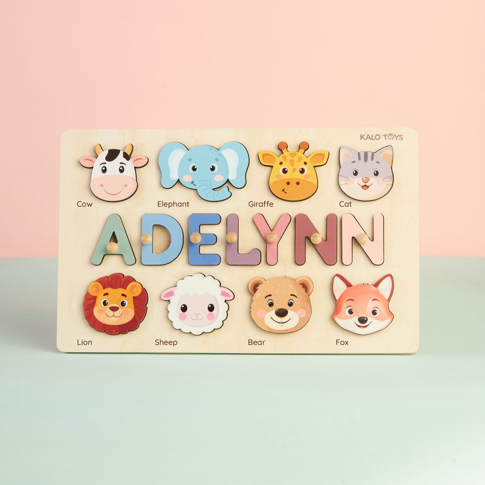 Animal Name Puzzle for Kids, Wooden Toddler Puzzle with Story-Themed Elements, Custom Gifts For 1-3 Year Old, Nursery Decor NP53 - Kindlytoys