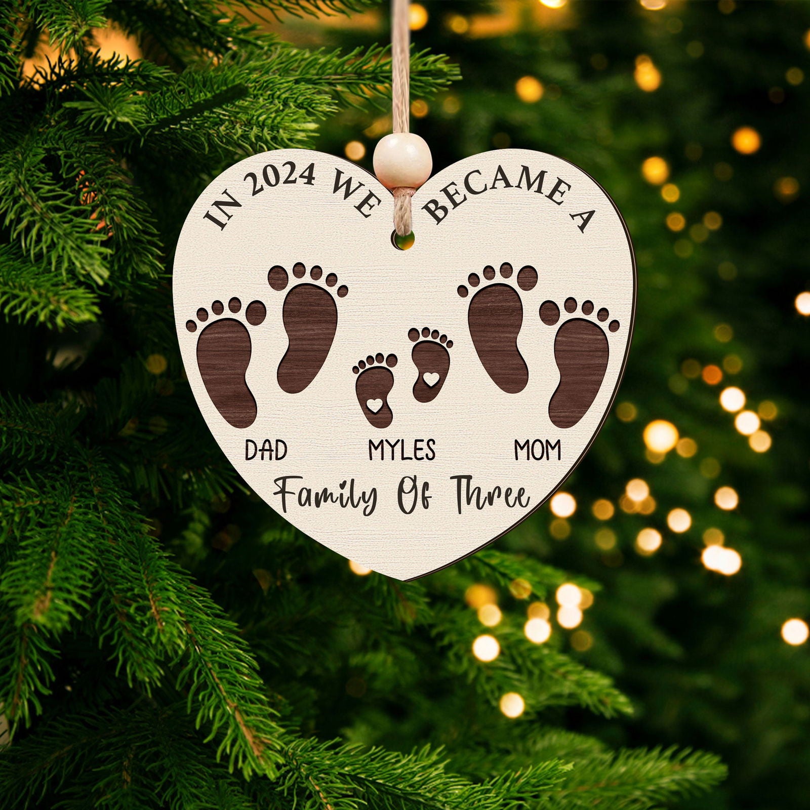 First Christmas As A Family Of Four Footprints, Personalized Custom Shaped Wooden Ornament CF701 - Kindlytoys