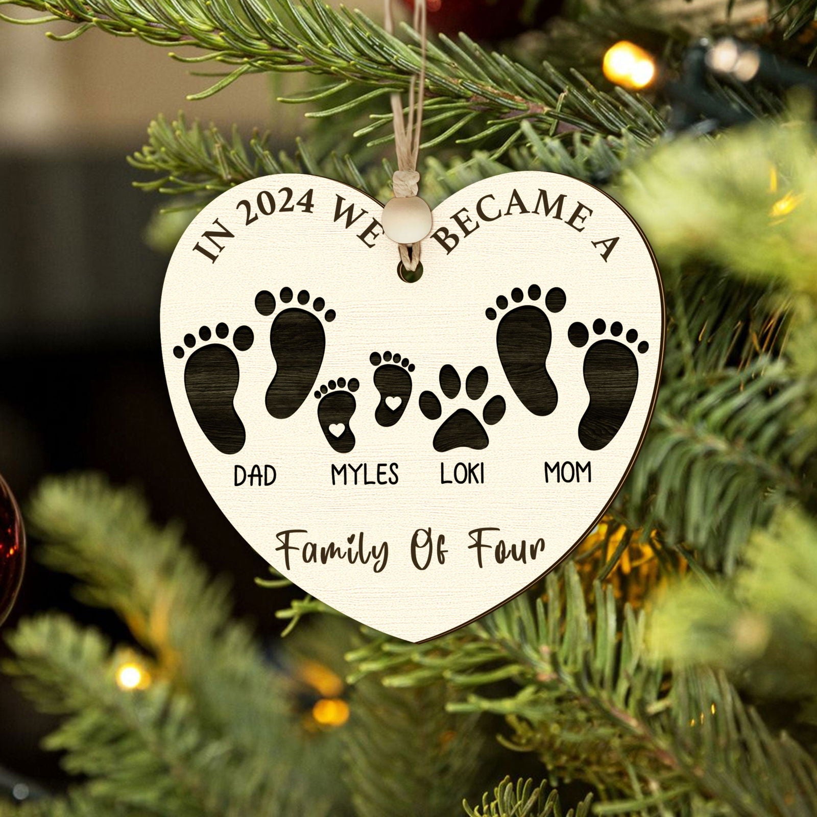 First Christmas As A Family Of Four Footprints, Personalized Custom Shaped Wooden Ornament CF701 - Kindlytoys