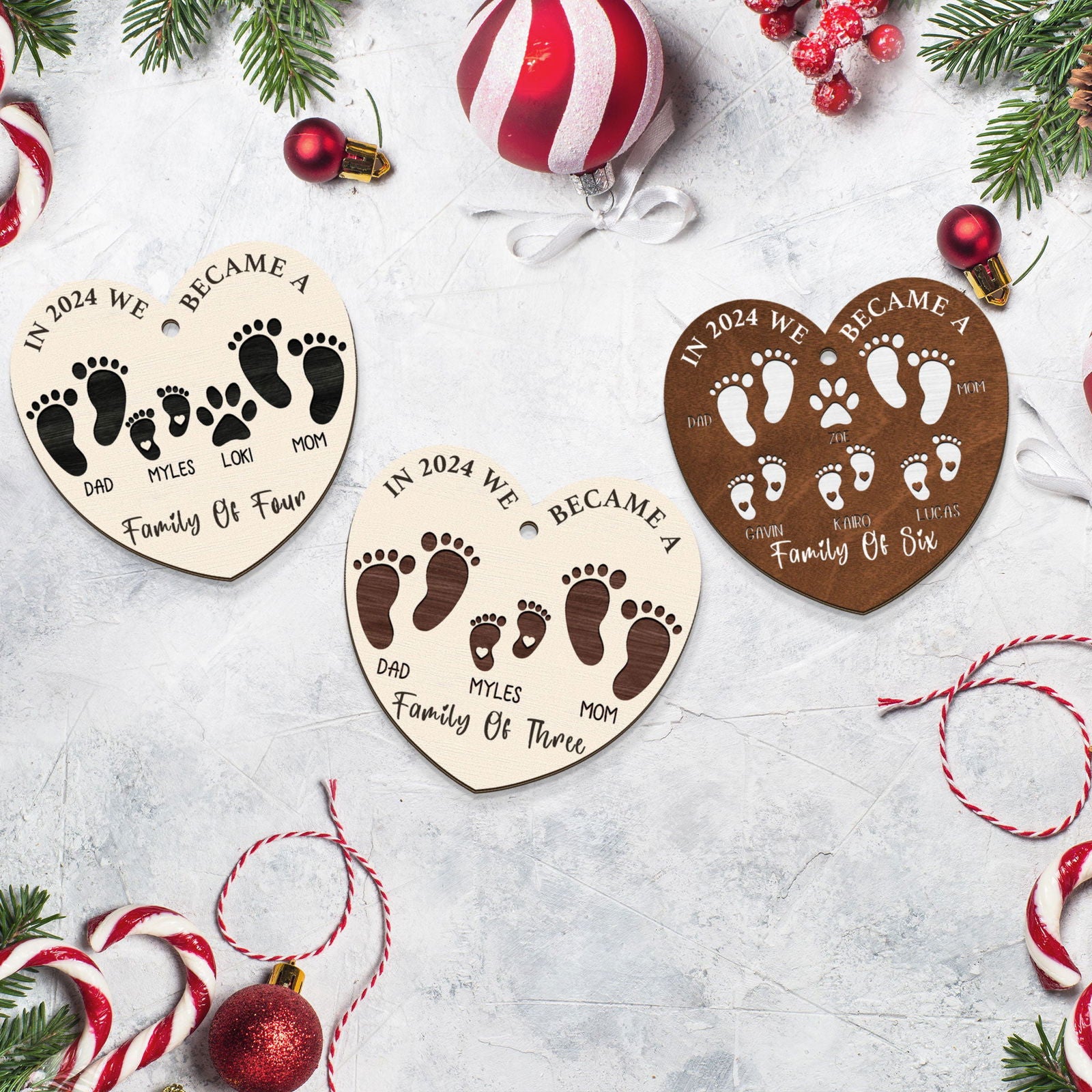 First Christmas As A Family Of Four Footprints, Personalized Custom Shaped Wooden Ornament CF701 - Kindlytoys