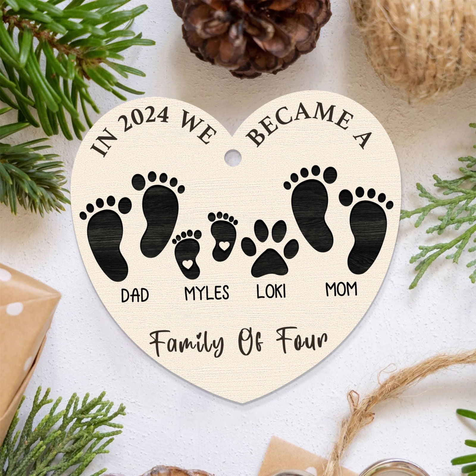 First Christmas As A Family Of Four Footprints, Personalized Custom Shaped Wooden Ornament CF701 - Kindlytoys