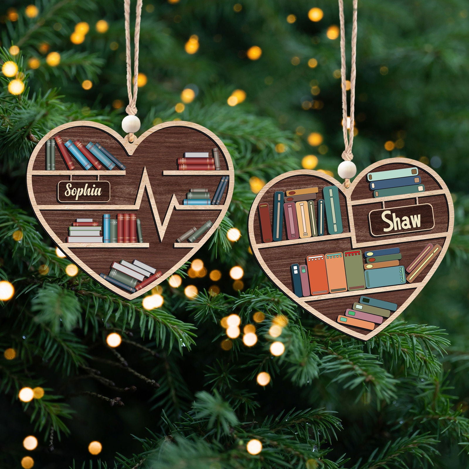 Personalized Book Lovers Heart Ornament, Book Tree Wooden Ornament Gift For Librarian CF159 - Kindlytoys