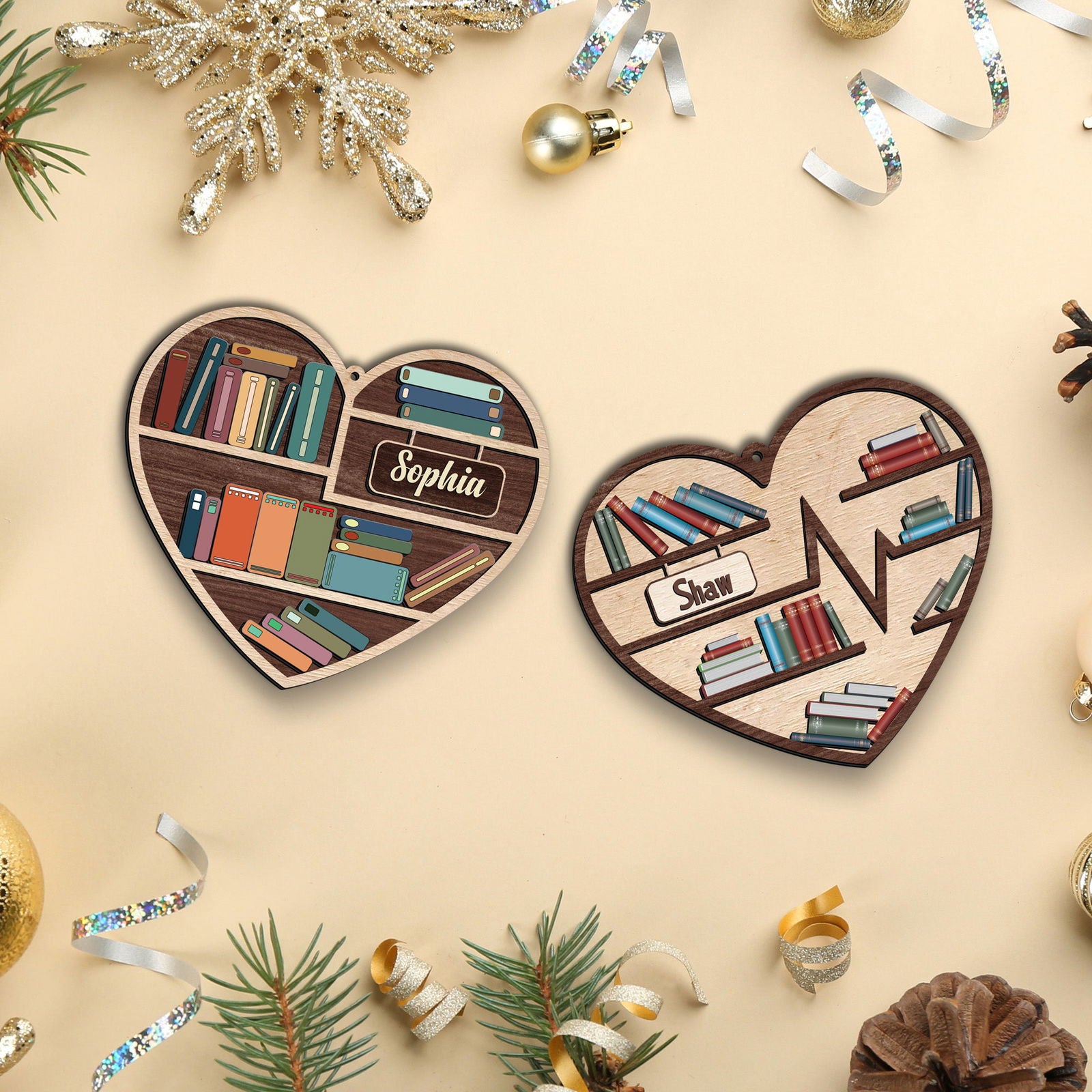 Personalized Book Lovers Heart Ornament, Book Tree Wooden Ornament Gift For Librarian CF159 - Kindlytoys