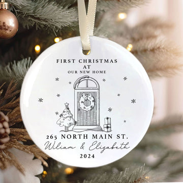 Personalized First Christmas in New Home Ornament - Custom Ceramic Keepsake with Names, Address, and Year - 3x3 Inches Holiday Decor Gift CX02-5 - Kindlytoys