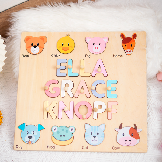 Personalized Name Puzzle With Animals, Wooden Montessori Toys NP32 - Kindlytoys