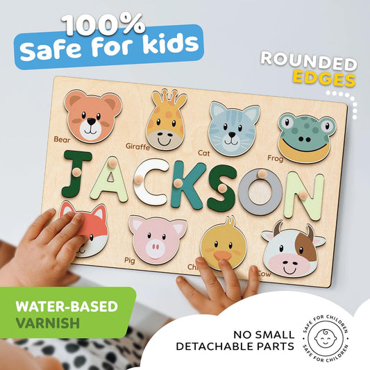 Personalized Name Puzzle With Animals, Wooden Montessori Toys NP32 - Kindlytoys