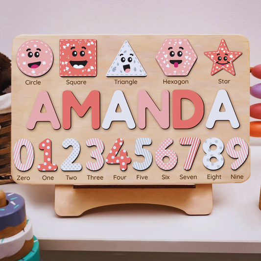 Personalized Wooden Shaped & Numbers Name Puzzle, Gifts For 1 2 3 Year Old, Wooden Name Puzzle For Kids, Montessori Toys | Kindly Toys NP20 - Kindlytoys