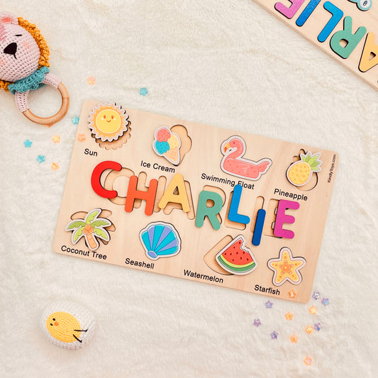 Beach Personalized Name Puzzle - Wooden Montessori Toys, one year old birthday gift | KindlyToys