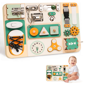 Montessori Busy Board for Toddlers, Wooden Sensory Activity Board with Locks, Buckles, Clock & Gears, Travel Learning Toy, Fine Motor Skills Toy, 1 Year Old Birthday Gifts