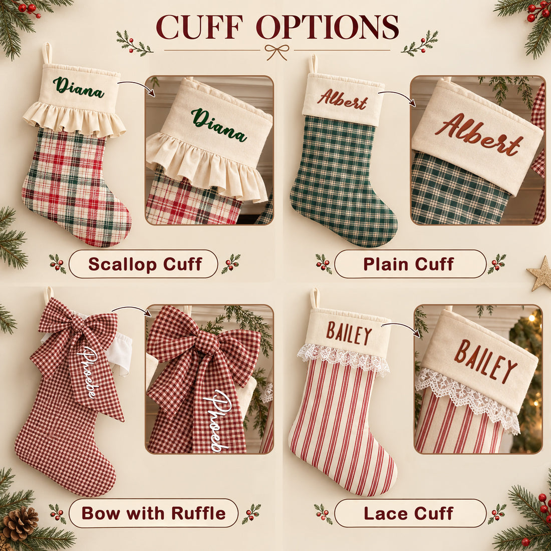 Personalized Christmas Stocking With Name – Custom Embroidered Fabric Stocking With Cuff Options, Family Mantel Decor & Christmas Gift KH12