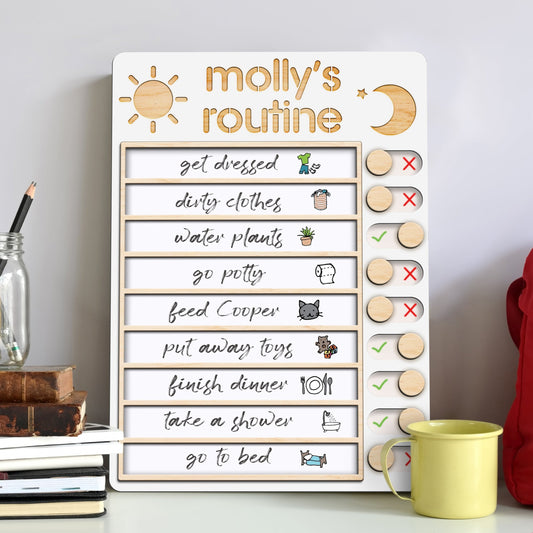 Wooden Routine Chart with 150+ Stickers, Morning and Bedtime Chore Chart PR01
