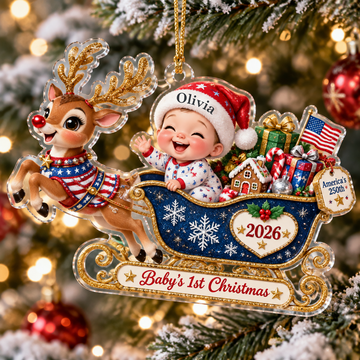 Personalized Baby's First Christmas Ornament 2026, Custom Name Baby in Sleigh with Reindeer Patriotic Acrylic Christmas Ornament, Newborn Keepsake Gift CO52