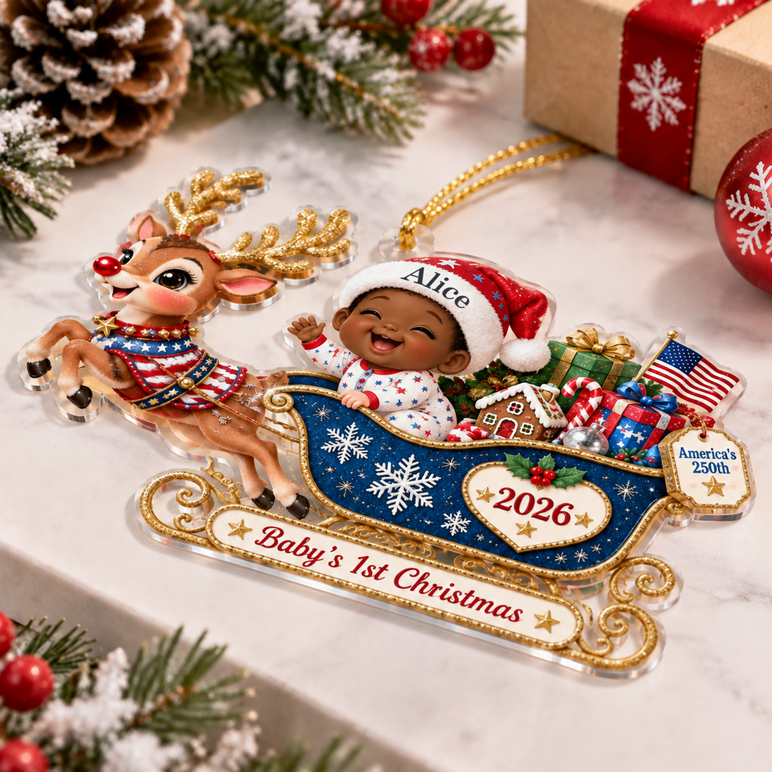 Personalized Baby's First Christmas Ornament 2026, Custom Name Baby in Sleigh with Reindeer Patriotic Acrylic Christmas Ornament, Newborn Keepsake Gift CO52