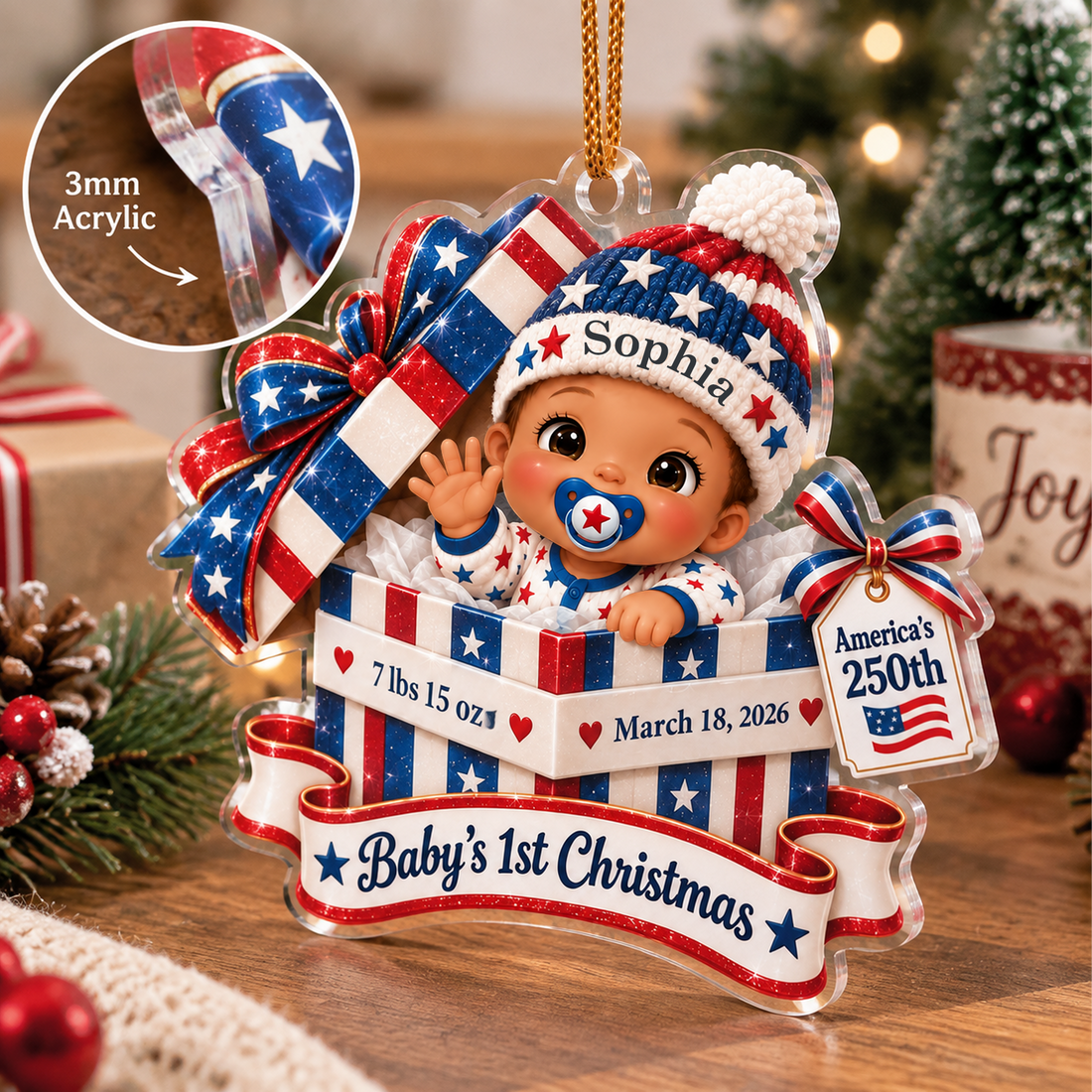 Personalized Baby's First Christmas Ornament, Custom Name Baby Birth Stats Patriotic Acrylic Christmas Ornament, Newborn Keepsake Gift CO53