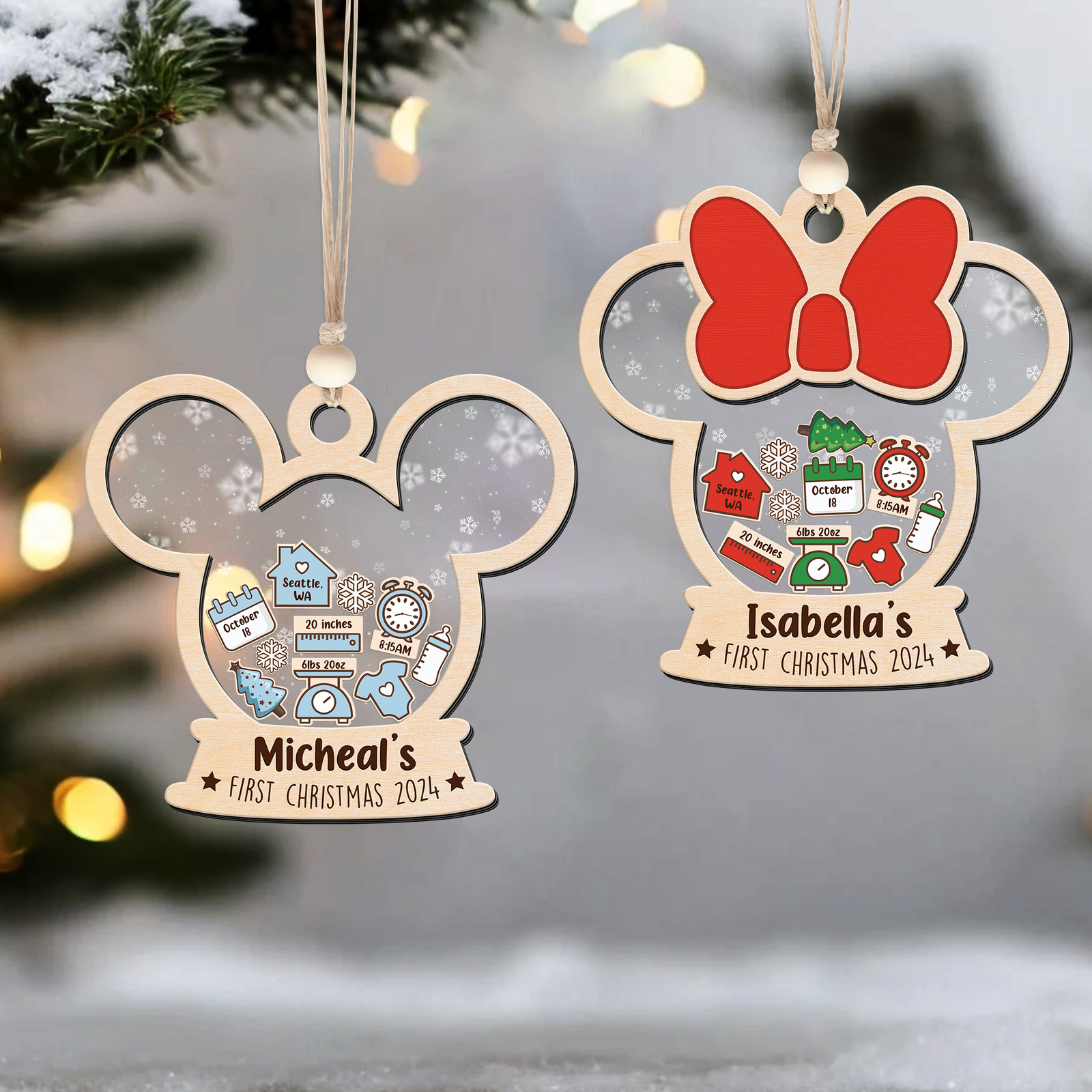 4D Shaked Mickey Minnie Mouse Ornament, Disney Baby's First