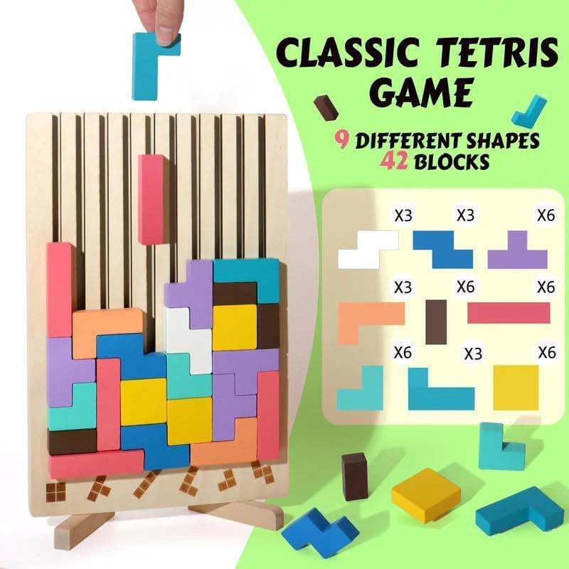 Puzzle Tetris En Bois - 41 Blocs Géométriques - 10 Cartes Modèles - 20 Idées - Jouet Montessori - Dès 3 Ans - Cadeau éducatif - Multigénérationnel