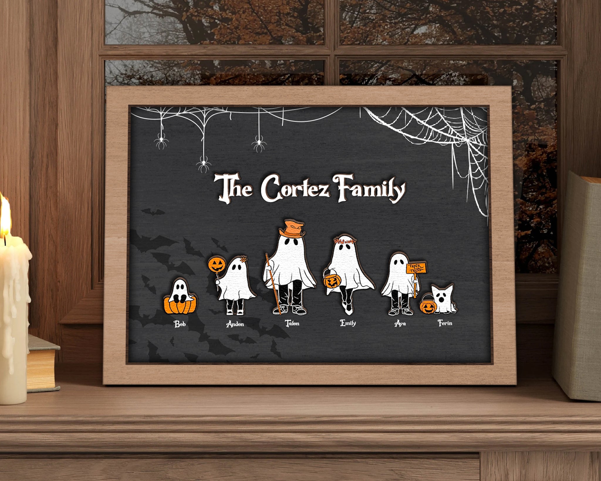 Personalized Halloween Sign, Halloween Ghost Family With Pets, Custom Family Portrait Halloween Decor Sign | KindlyToys