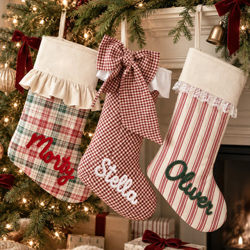 Personalized Christmas Stocking With Yarn Name – Custom Fabric Stocking With Cuff Options, Family Mantel Decor & Christmas Gift KH13