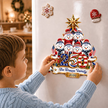 Personalized Patriotic Snowman Family Magnet, Custom Family Name Christmas Fridge Magnet, USA 250th Anniversary Keepsake MG013