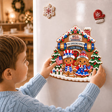 Custom Patriotic Gingerbread House Magnet, 250 Years of Freedom Personalized Family Name Keepsake MG024