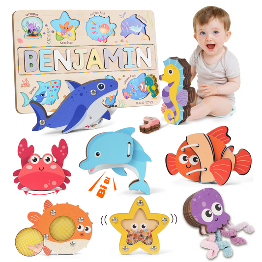 Personalized Ocean Animal Name Puzzle Board, Montessori Sensory Toy for Toddlers