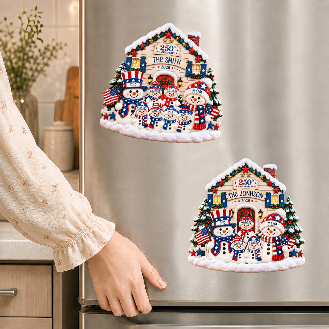 Personalized Snowman Family Magnet, USA 250th Patriotic Christmas House Refrigerator Decoration MG023