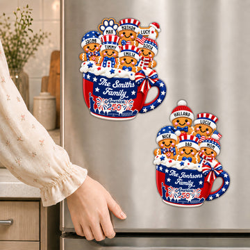 Personalized Gingerbread Family Magnet, Custom Family Name Patriotic Keepsake Gift with Pet Names MG015