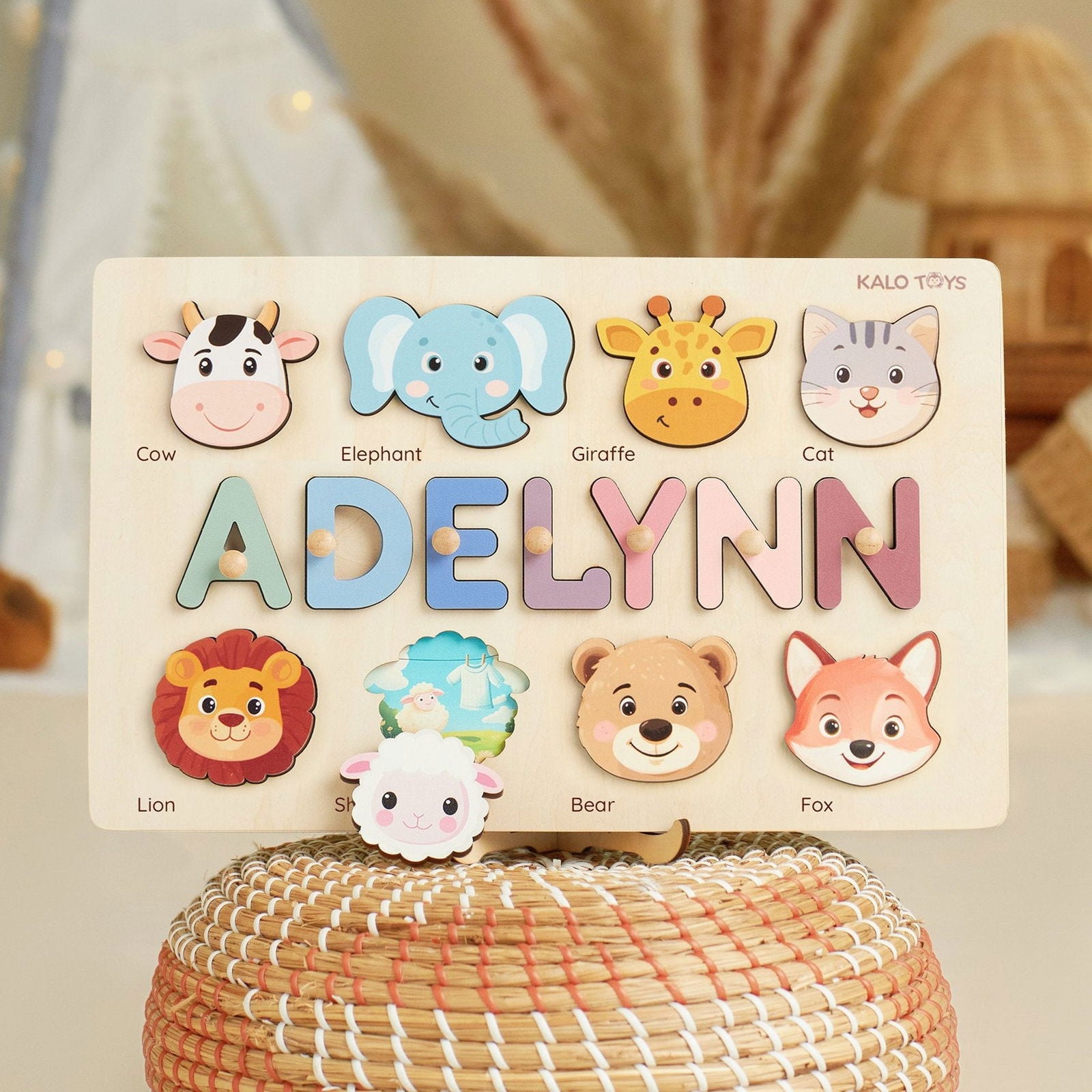 Animal Name Puzzle for Kids, Wooden Toddler Puzzle with Story-Themed Elements, Custom Gifts For 1-3 Year Old, Nursery Decor NP53 - Kindlytoys