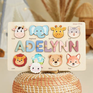 Animal Name Puzzle for Kids, Wooden Toddler Puzzle with Story-Themed Elements, Custom Gifts For 1-3 Year Old, Nursery Decor NP53 - Kindlytoys