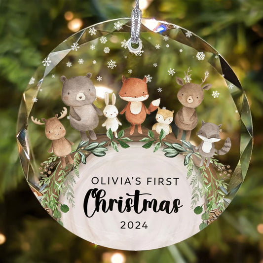 Baby's 1st Christmas Glass Ornament, Personalized Woodland Creatures, Baby Deer Ornament, Holiday Keepsake Ornament, New Baby Gift, 2024 Custom Baby Ornament GX06-12 - Kindlytoys