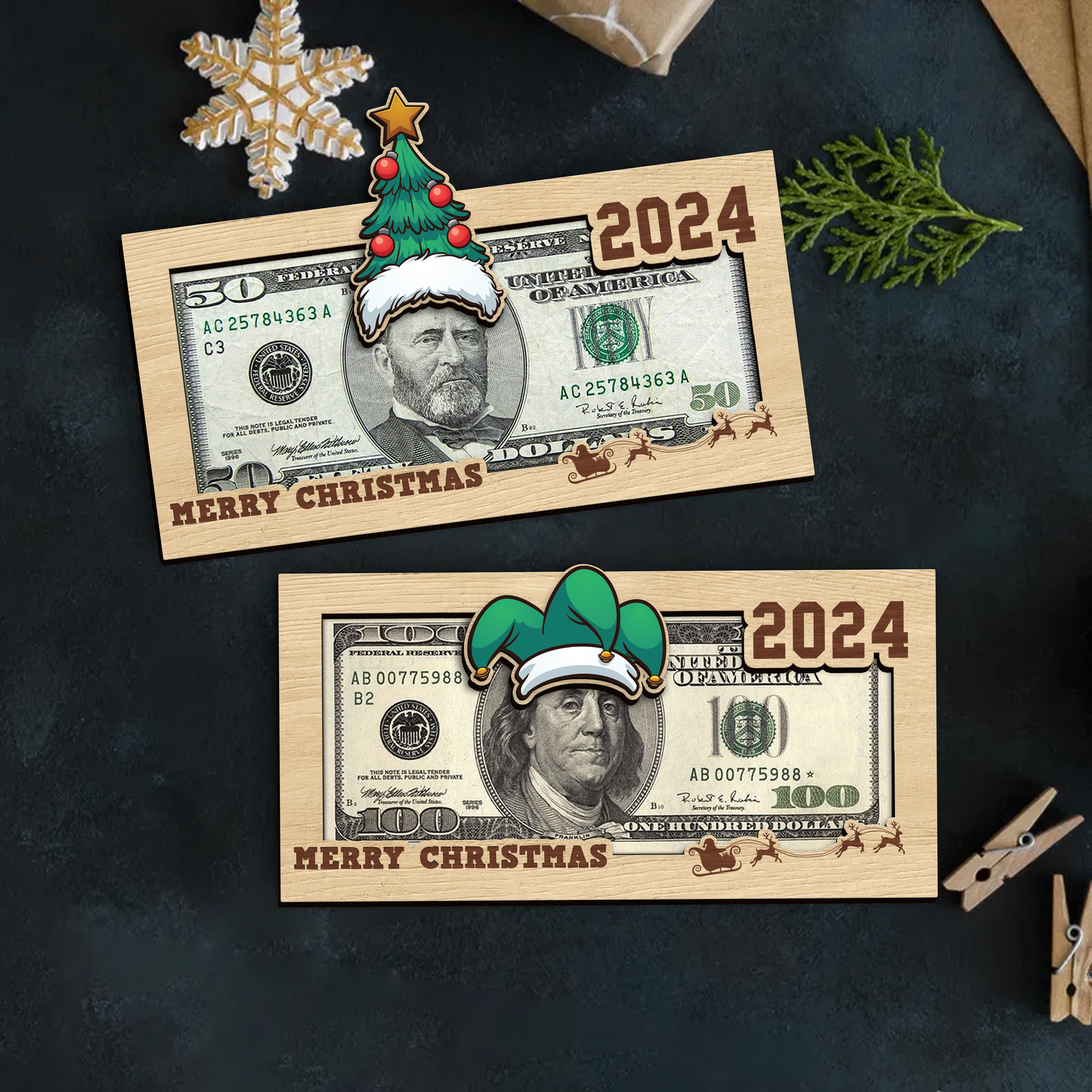 Christmas Money Holders 2024, Christmas Party Cash Holder Gift, Santa Money Cards, 2024 Wooden Money Holder MH65 - Kindlytoys
