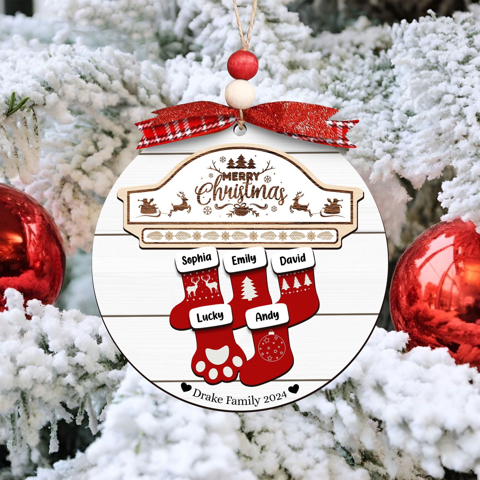 Custom Wooden Family Christmas Ornament 2024, Family Name Stocking Ornament CF14 - Kindlytoys