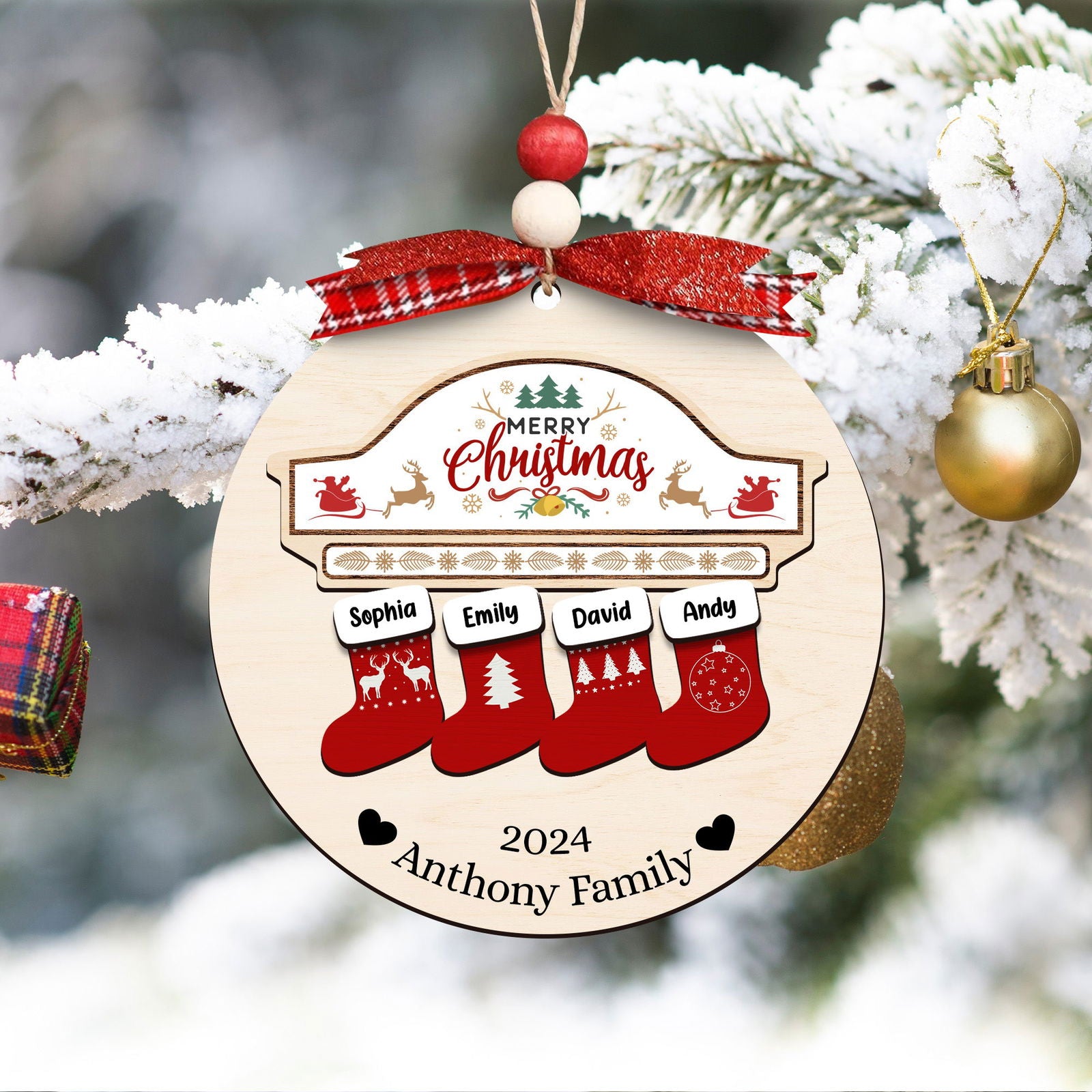 Custom Wooden Family Christmas Ornament 2024, Family Name Stocking Ornament CF14 - Kindlytoys