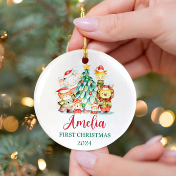 Customized First Christmas Baby Ornament, Personalized Woodland Creatures 3 Inch Ceramic Christmas Ornament, Holiday Keepsake Ornament, Gift For Baby CX02-61 - Kindlytoys