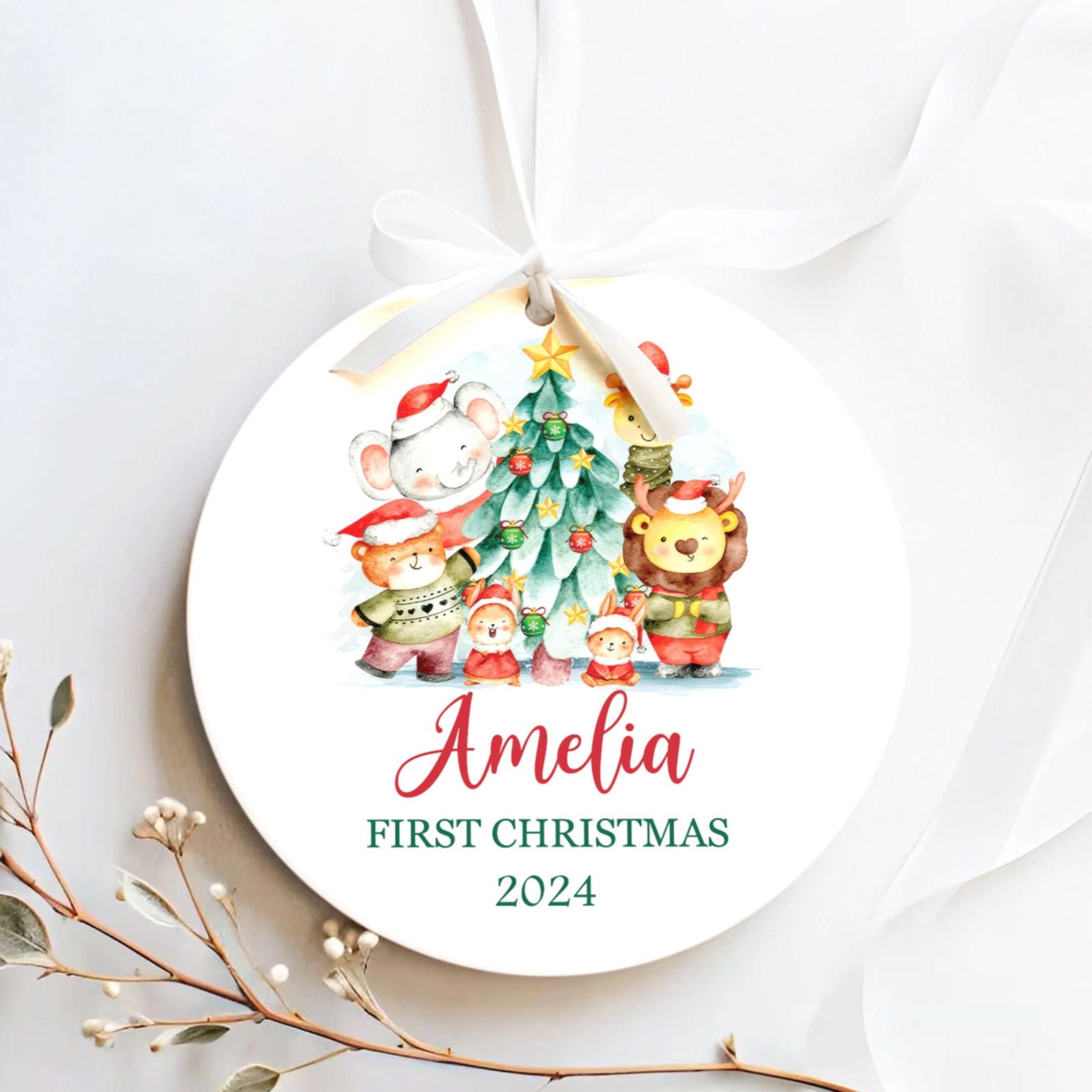 Customized First Christmas Baby Ornament, Personalized Woodland Creatures 3 Inch Ceramic Christmas Ornament, Holiday Keepsake Ornament, Gift For Baby CX02-61 - Kindlytoys