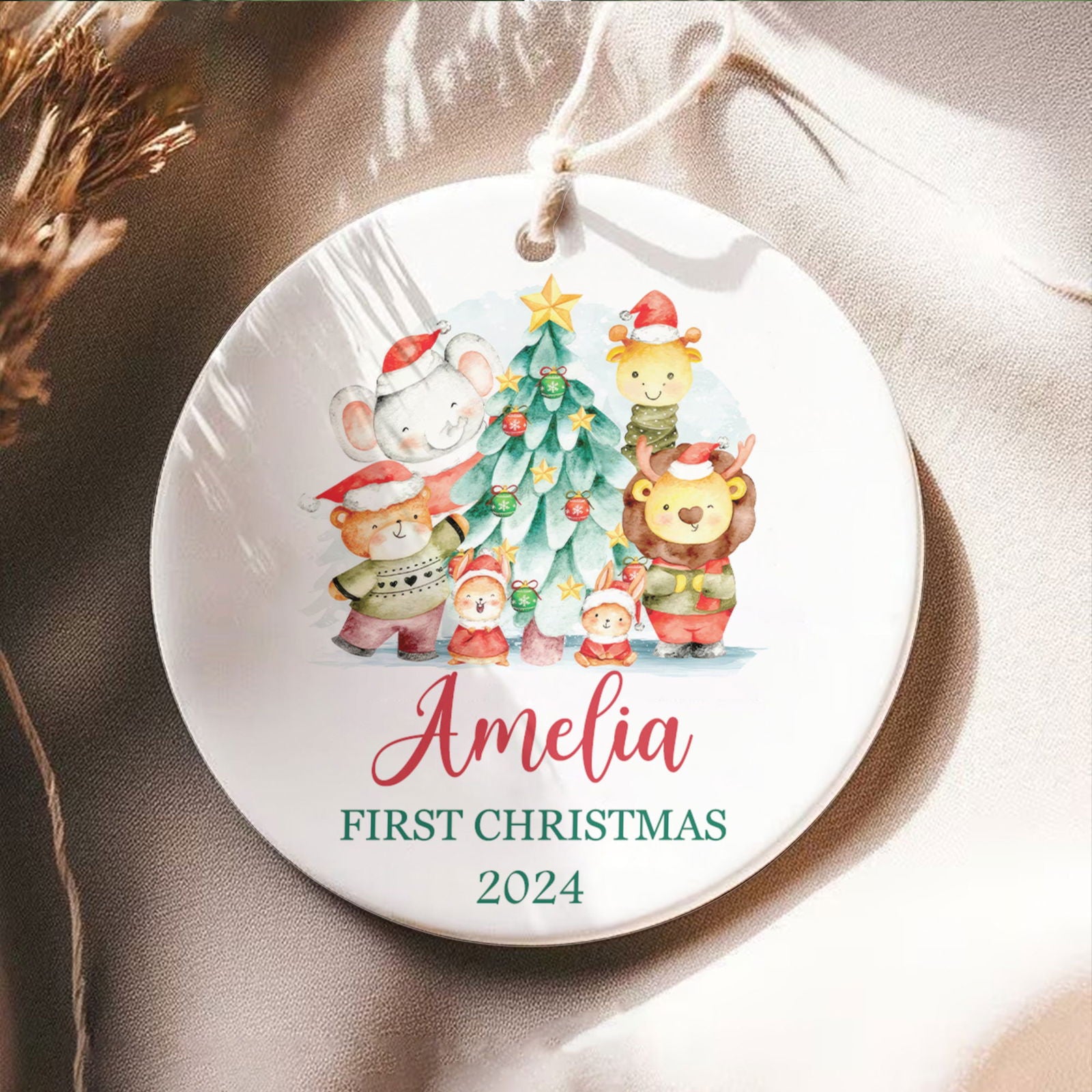 Customized First Christmas Baby Ornament, Personalized Woodland Creatures 3 Inch Ceramic Christmas Ornament, Holiday Keepsake Ornament, Gift For Baby CX02-61 - Kindlytoys