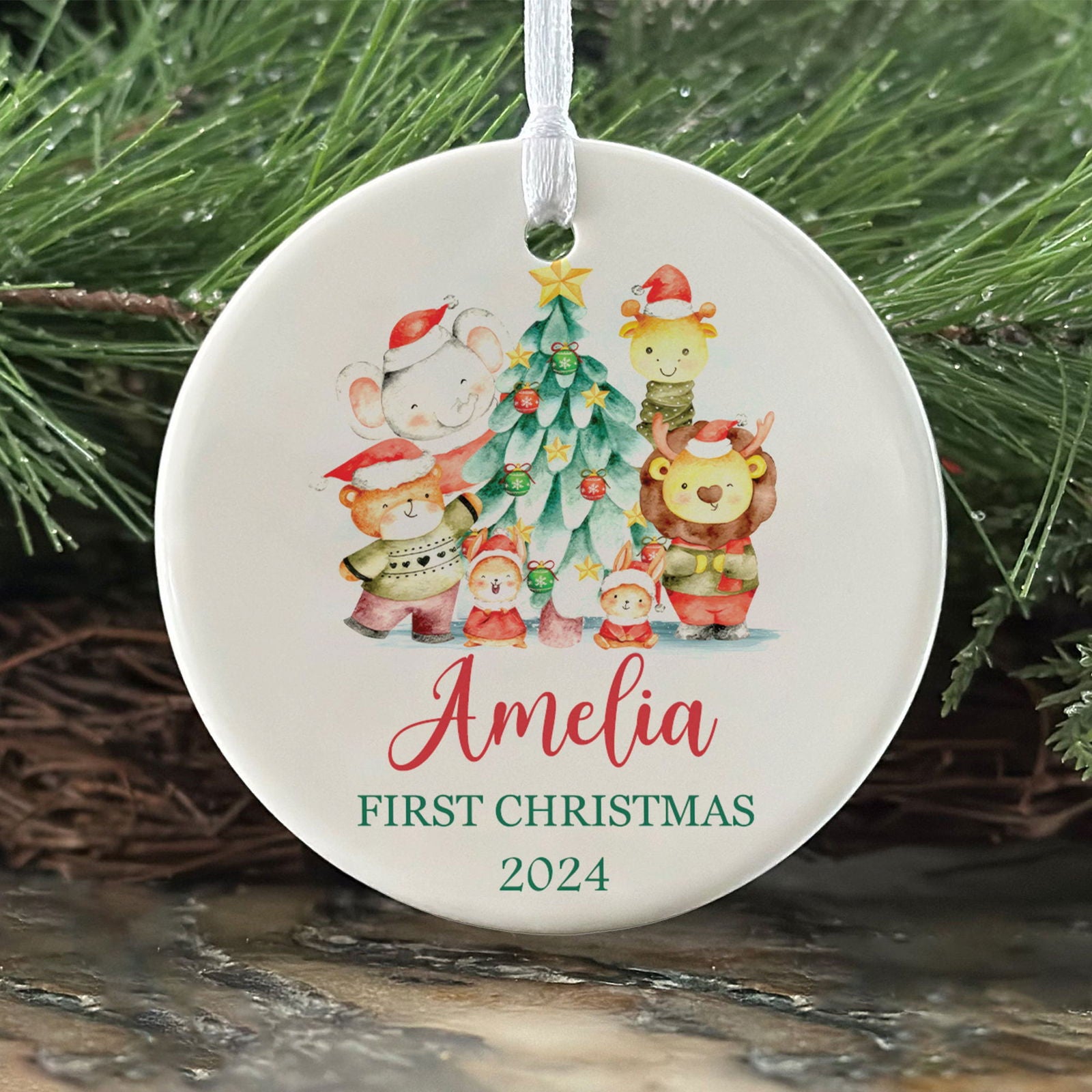 Customized First Christmas Baby Ornament, Personalized Woodland Creatures 3 Inch Ceramic Christmas Ornament, Holiday Keepsake Ornament, Gift For Baby CX02-61 - Kindlytoys