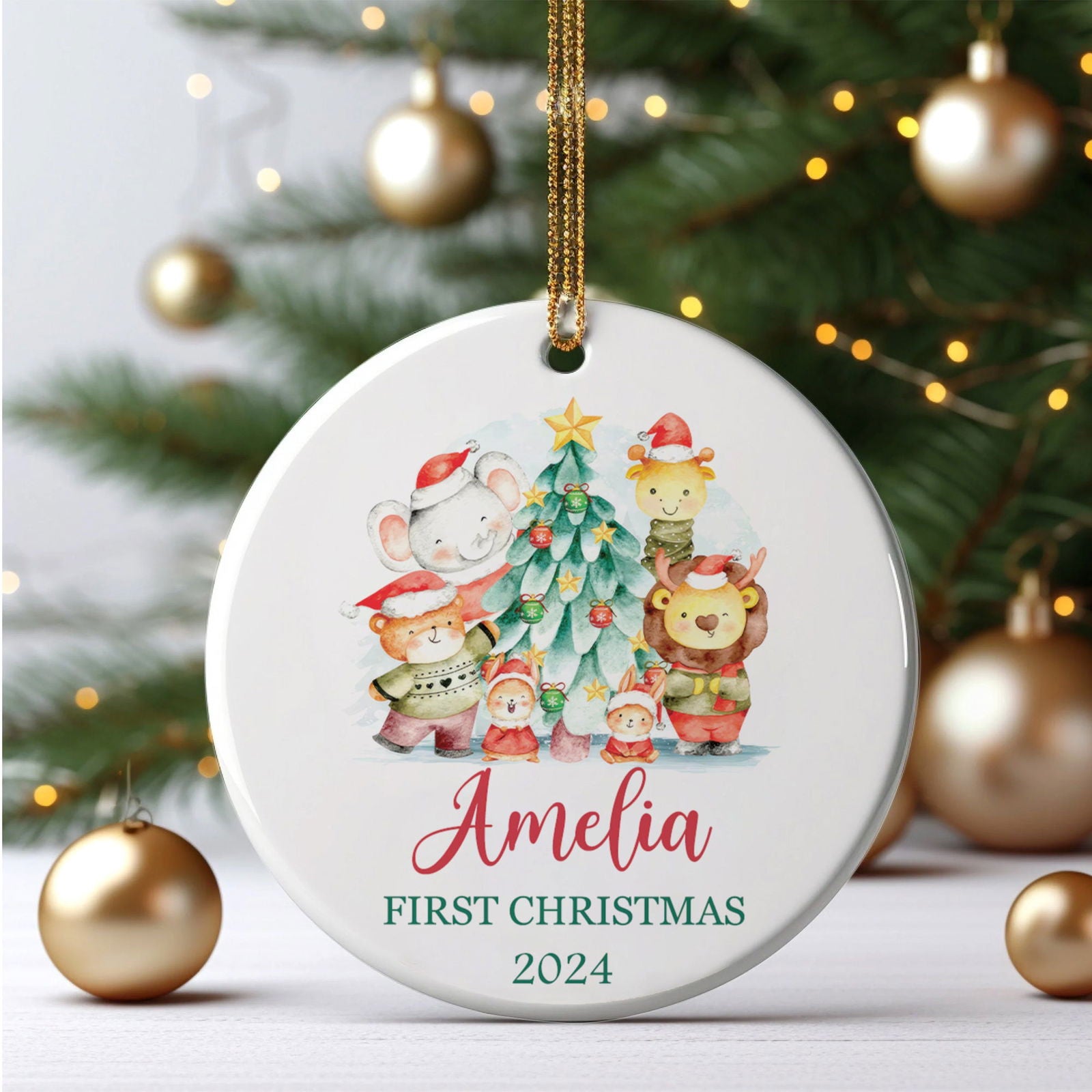 Customized First Christmas Baby Ornament, Personalized Woodland Creatures 3 Inch Ceramic Christmas Ornament, Holiday Keepsake Ornament, Gift For Baby CX02-61 - Kindlytoys