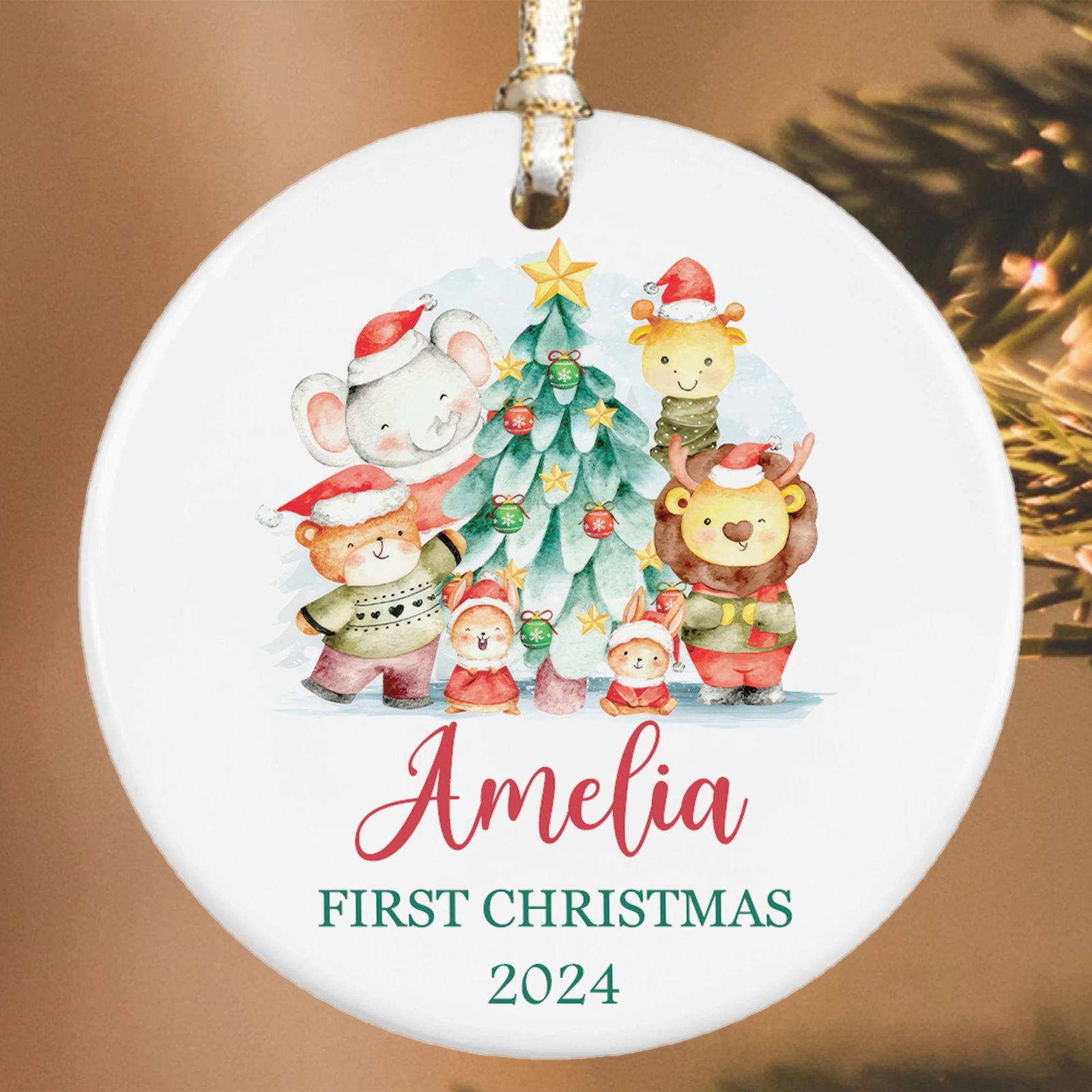 Customized First Christmas Baby Ornament, Personalized Woodland Creatures 3 Inch Ceramic Christmas Ornament, Holiday Keepsake Ornament, Gift For Baby CX02-61 - Kindlytoys