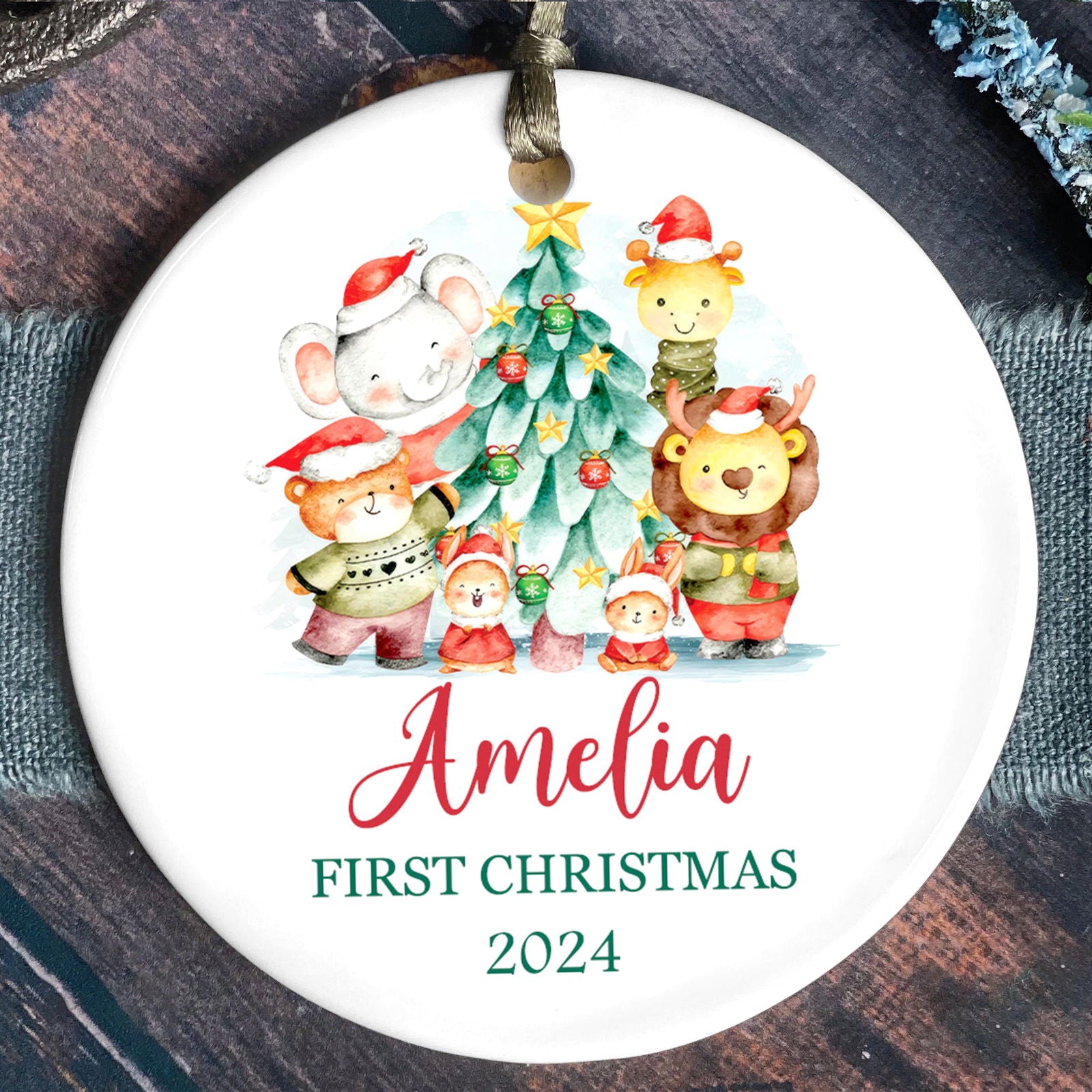 Customized First Christmas Baby Ornament, Personalized Woodland Creatures 3 Inch Ceramic Christmas Ornament, Holiday Keepsake Ornament, Gift For Baby CX02-61 - Kindlytoys