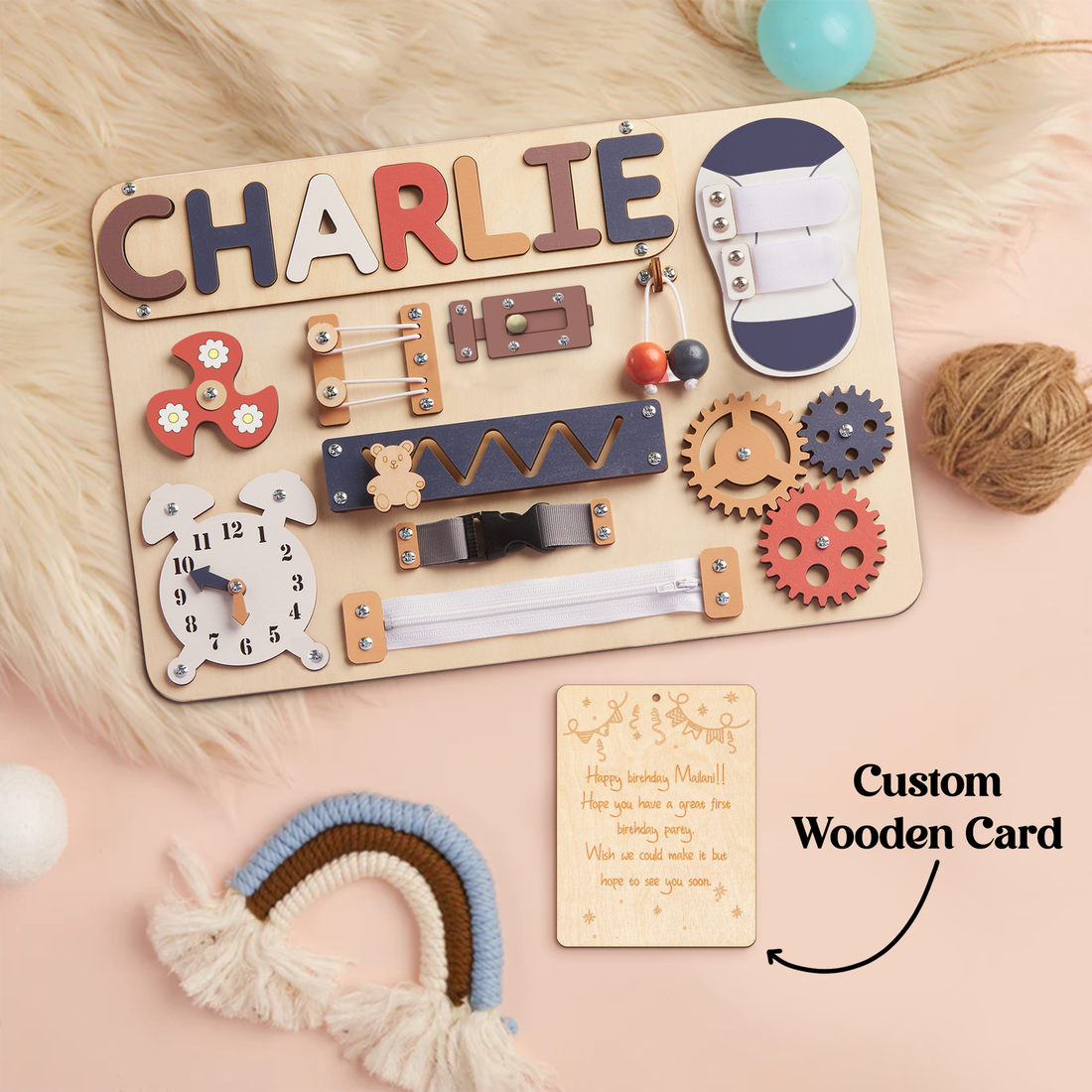 Customized Montessori Busy Board With Baby Name - Wooden Montessori Toys | KindlyToys, BB10 - Kindlytoys