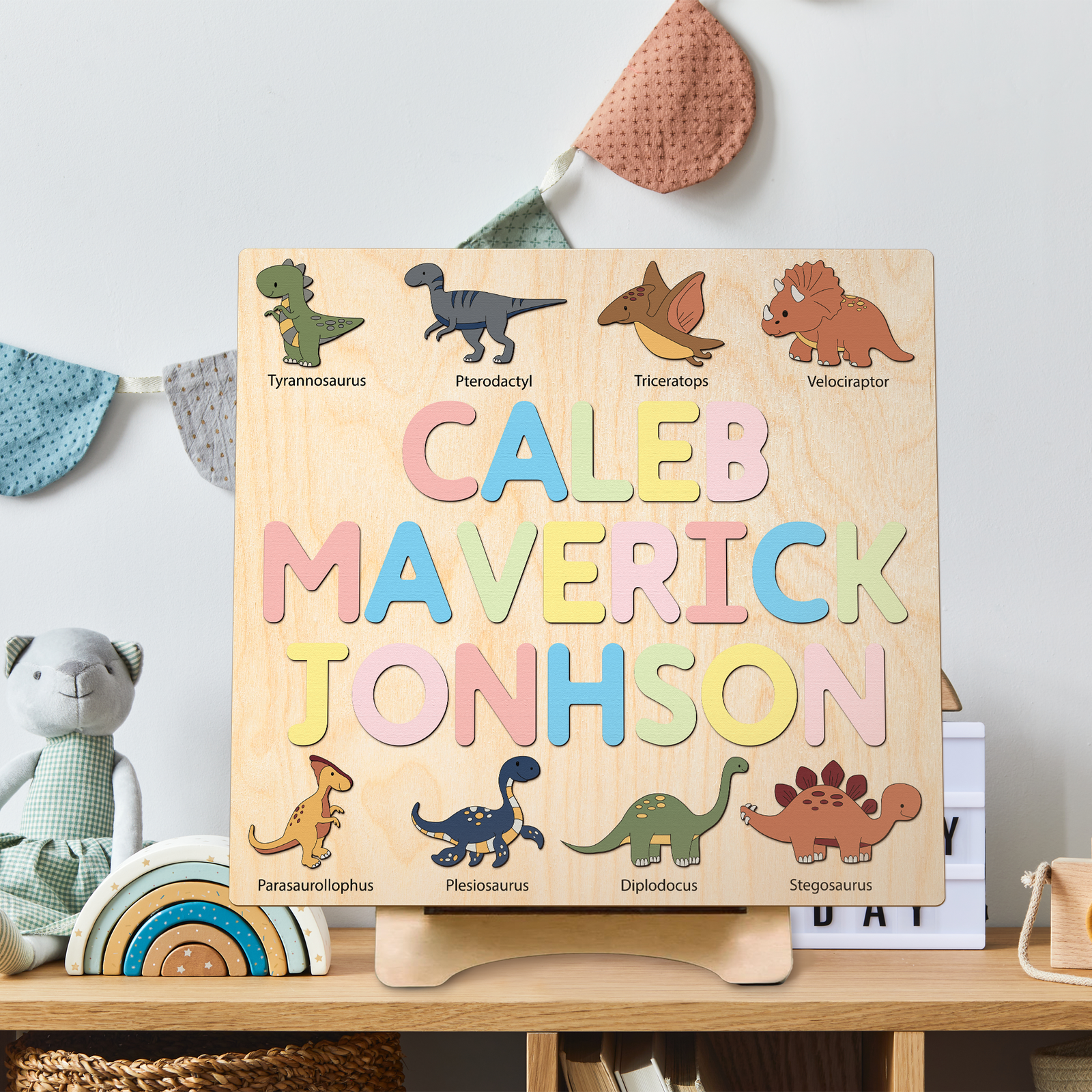 Cute Dinosaurs Name Puzzle For Toddlers, Baby Name Wooden Puzzle, Wooden Montessori Toys, 1st Birthday Gifts For Kids, First Christmas Gifts idea NP07 - Kindlytoys