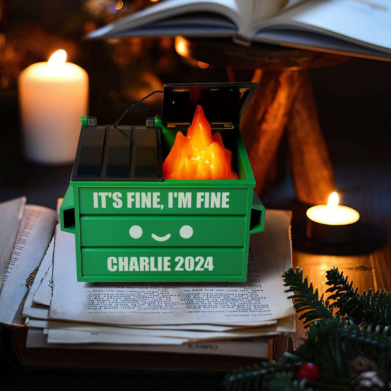 Dumpster Fire Ornament LED Flickering, 2024 Funny Christmas Ornament, Personalized Xmas Decoration, Everything is Fine, Funny Christmas Gifts - Kindlytoys