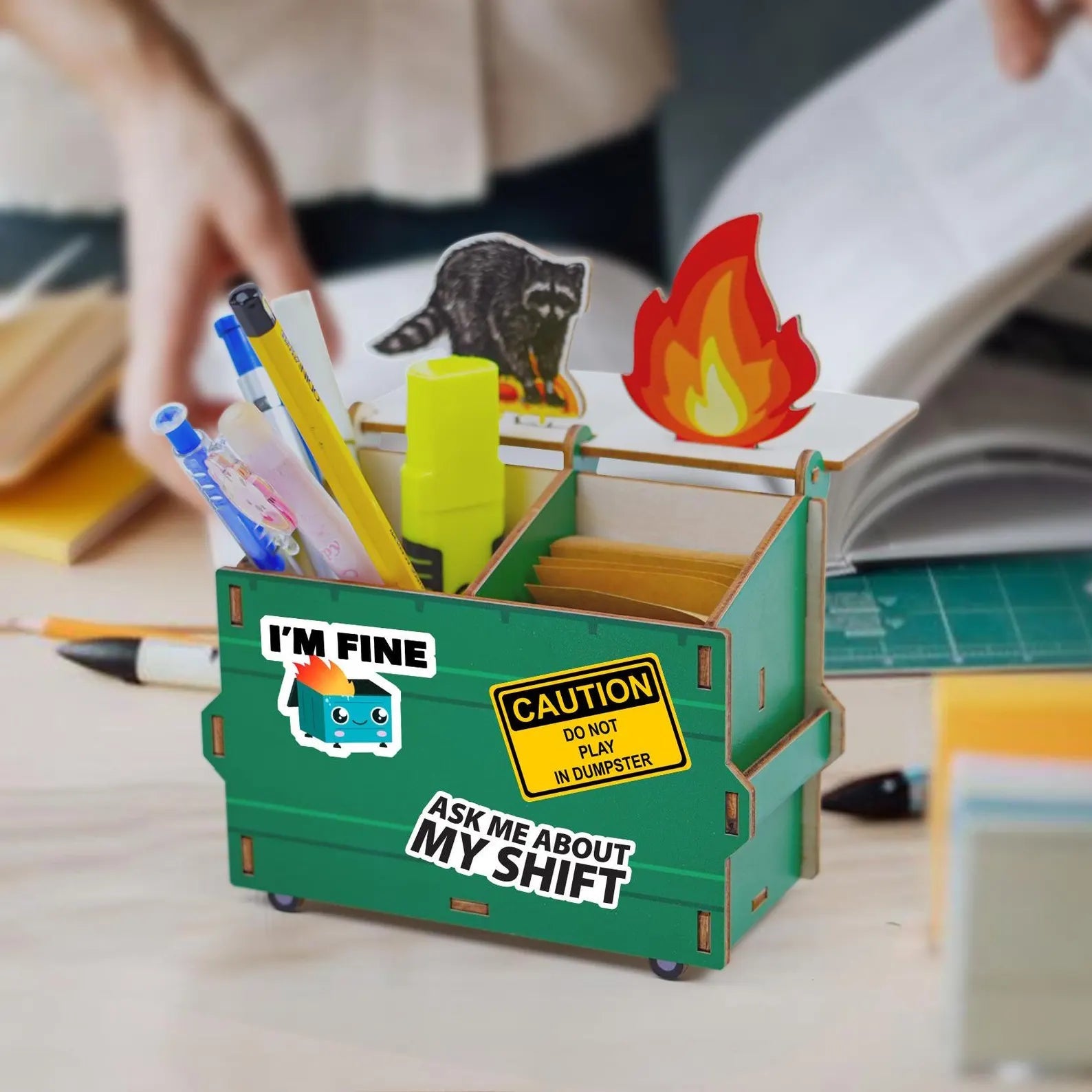 Dumpster Fire Pen Holder, Funny Desk Accessory, Custom Pencil Holder DIY Wood Pencil Holder, Dumpster Fire Holder, Gift For Coworker, Funny Gift For Colleagues DP11 - Kindlytoys