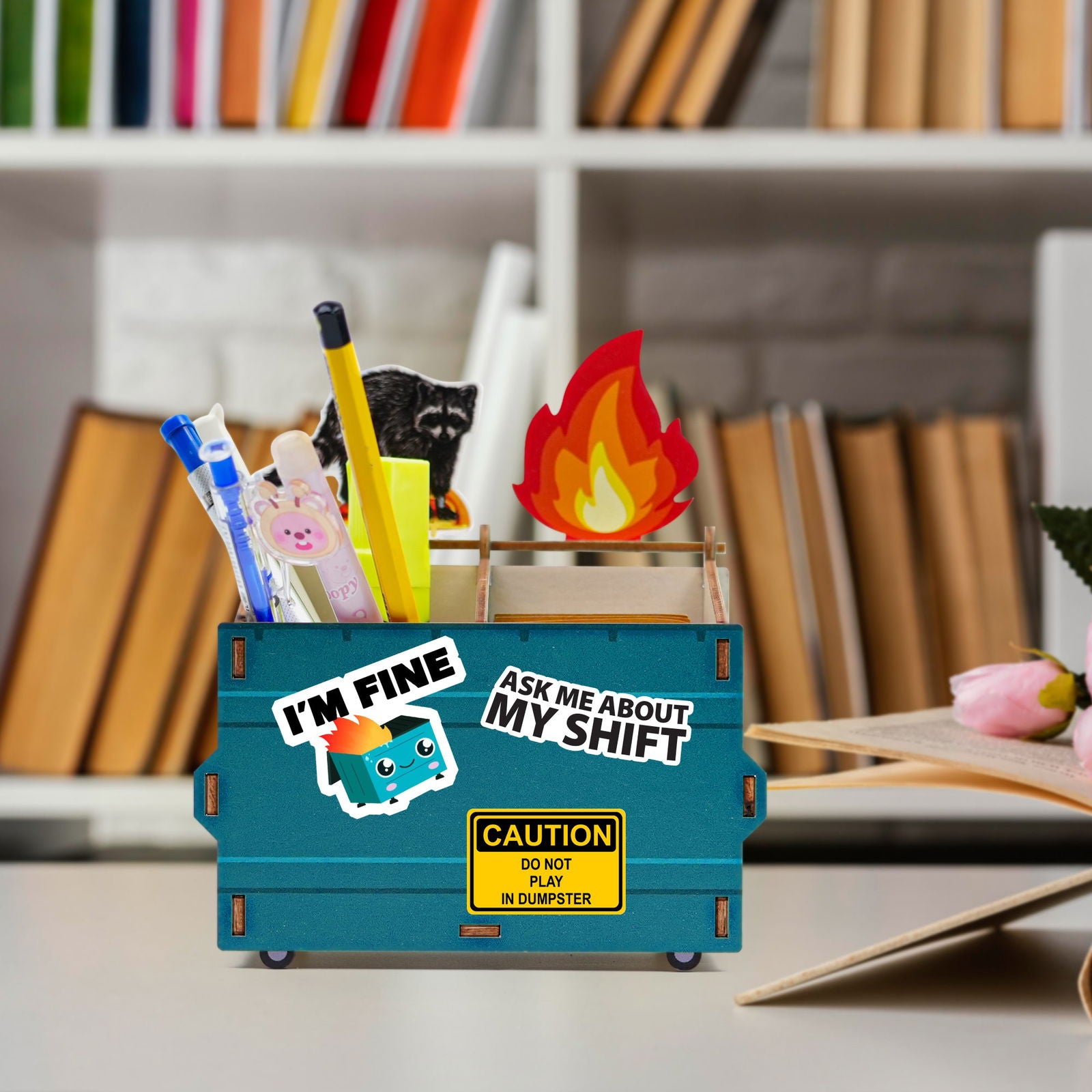 Dumpster Fire Pen Holder, Funny Desk Accessory, Custom Pencil Holder DIY Wood Pencil Holder, Dumpster Fire Holder, Gift For Coworker, Funny Gift For Colleagues DP11 - Kindlytoys