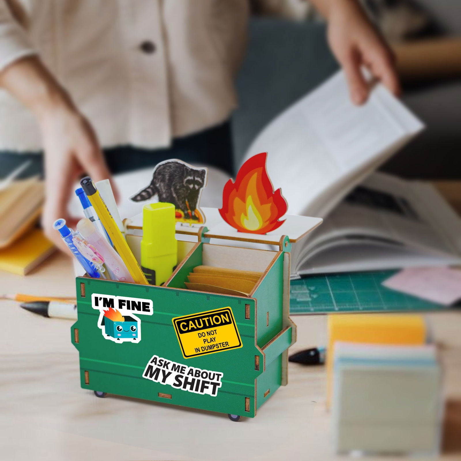 Dumpster Fire Pen Holder, Funny Desk Accessory, Custom Pencil Holder DIY Wood Pencil Holder, Dumpster Fire Holder, Gift For Coworker, Funny Gift For Colleagues DP11 - Kindlytoys